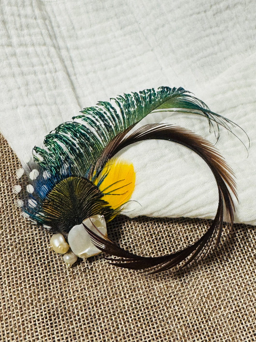 Handcrafted Feather, Pearl & Shell Hatpin – Unique Brooch / Scarf Pin | Handmade Gift from Australia